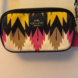 Coach Crossbody Pouch Printed Crossgrain Hawk Feather Bag- 2 zippered pockets.